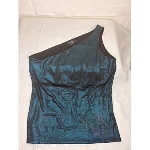 New York & Company Teal Blue Metallic One Shoulder Shimmer Top Size M